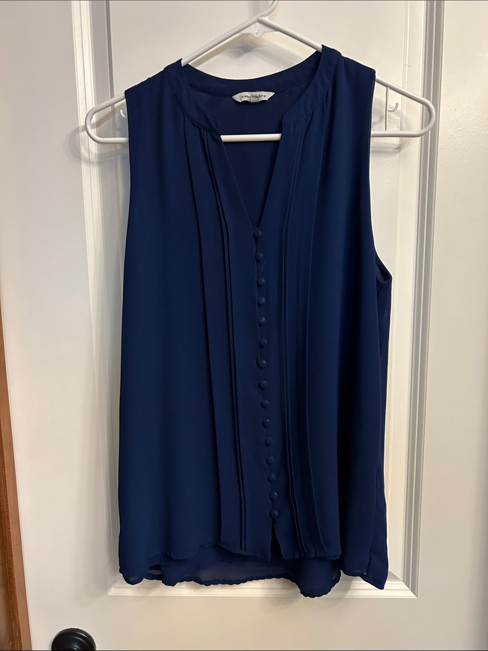 Naked Zebra Sleeveless Dark Blue Pleated Button-Front Blouse
